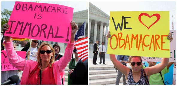 A combination file photo shows opponents (L) and supporters (R) of Affordable Healthcare Act rally on the sidewalk at the Supreme Court in Washington on March 28, 2012 and on June 28, 2012 respectively. The Obama administration said on July 2, 2013 it would not require employers to provide health insurance for their workers until 2015, delaying a key provision of President Barack Obama's healthcare reform law by a year, to beyond the next election.  REUTERS/Jonathan Ernst (L) and  REUTERS/Joshua Roberts (R)  (UNITED STATES - Tags: POLITICS HEALTH) - RTX11B3H